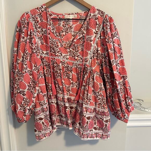 Tuckernuck Marea Pink White Floral Cotton Long Sleeve Tassel Block Print Top M - Picture 9 of 13